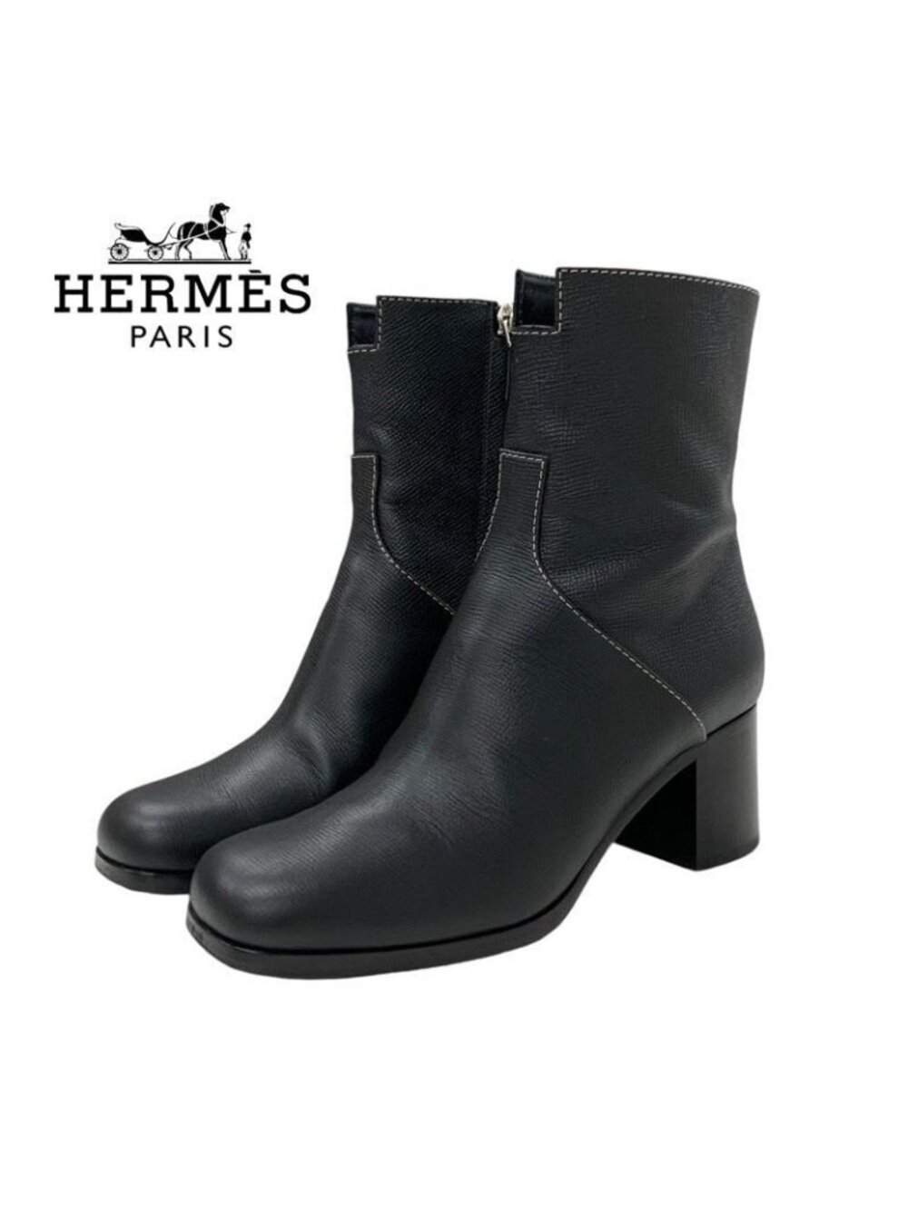 Hermes Flats Boots Short Shoes Leather Black Stitching - Picture 2 of 10
